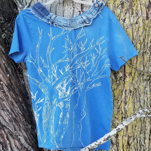 Tree Graphic Tee Jean Tshirt Upcycled - Picture 1 of 4